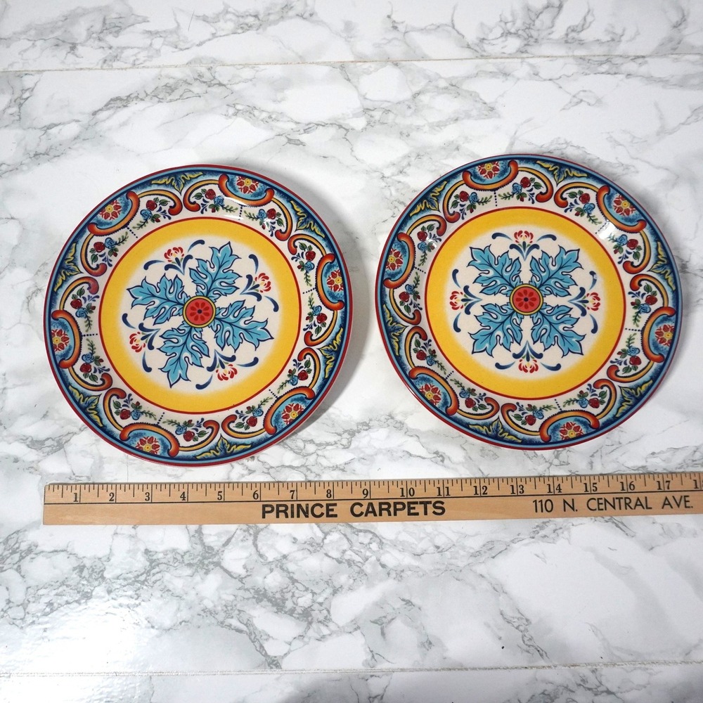 Euro Ceramica Zanzibar Salad Plates Set of 2 Blue Yellow Red Floral 8.25 Inch